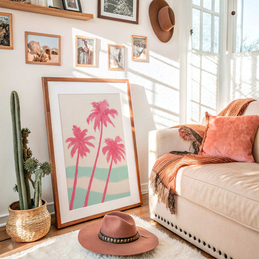 Pink Palms Over Mint Waves