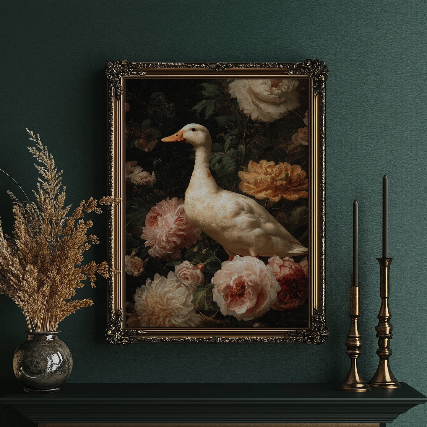 White Duck Among Blooming Peonies