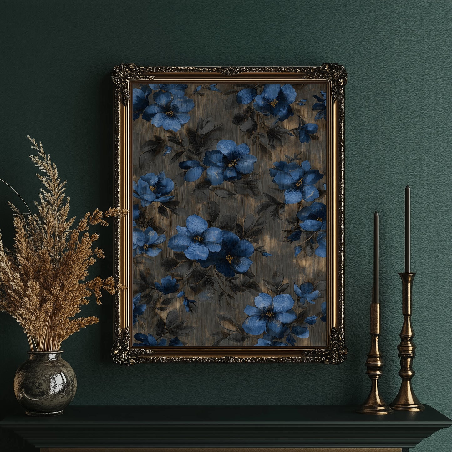 Midnight Blooms Against Golden Wood