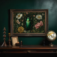 Emerald Beetle Among Garden Blooms