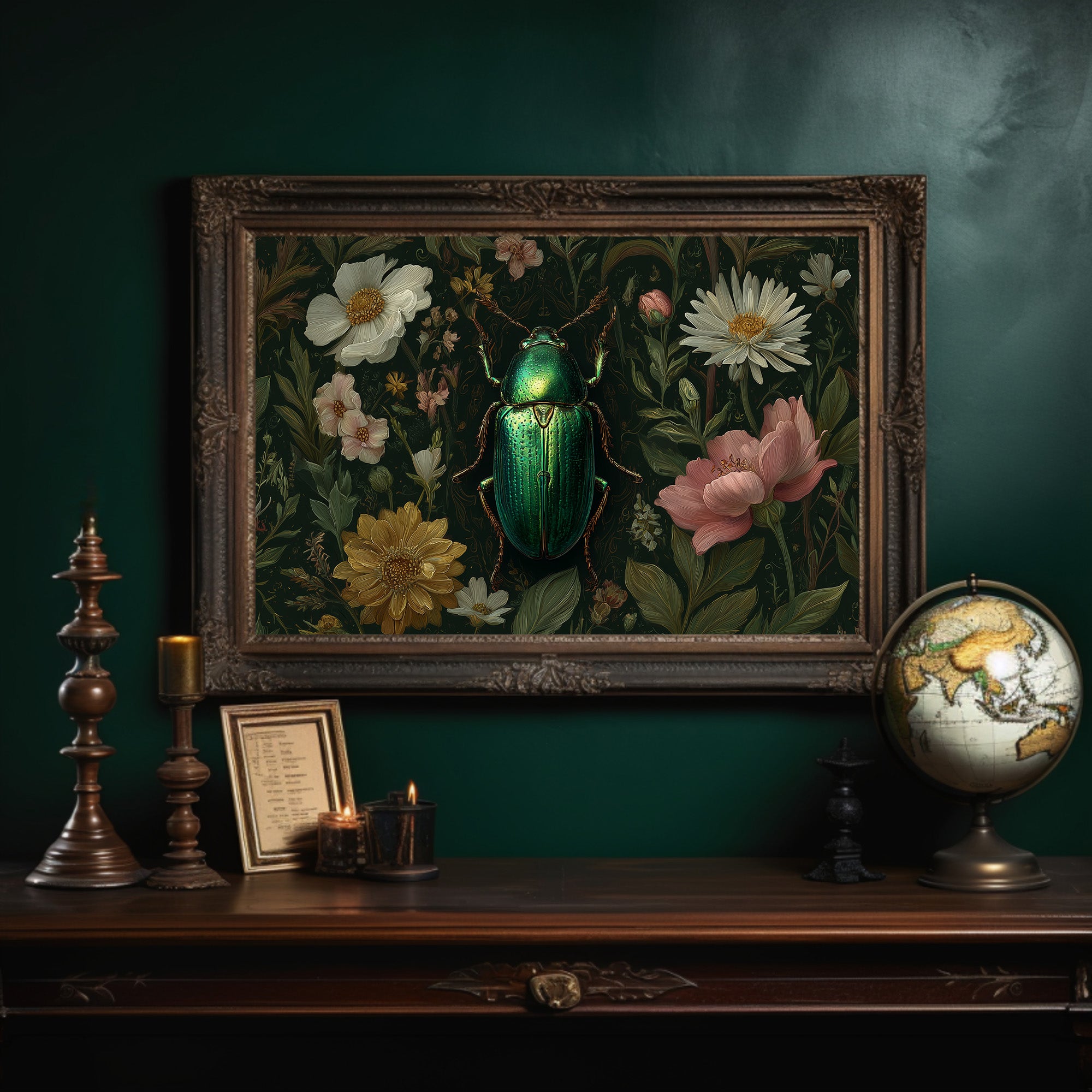 Emerald Beetle Among Garden Blooms