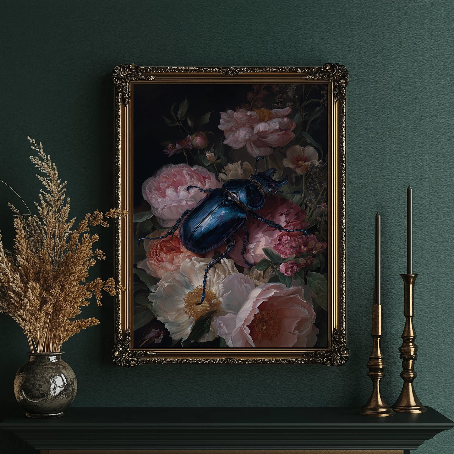 Sapphire Beetle Among Blushing Peonies