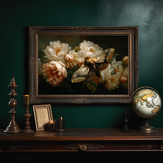 Moth Among Cream Peonies