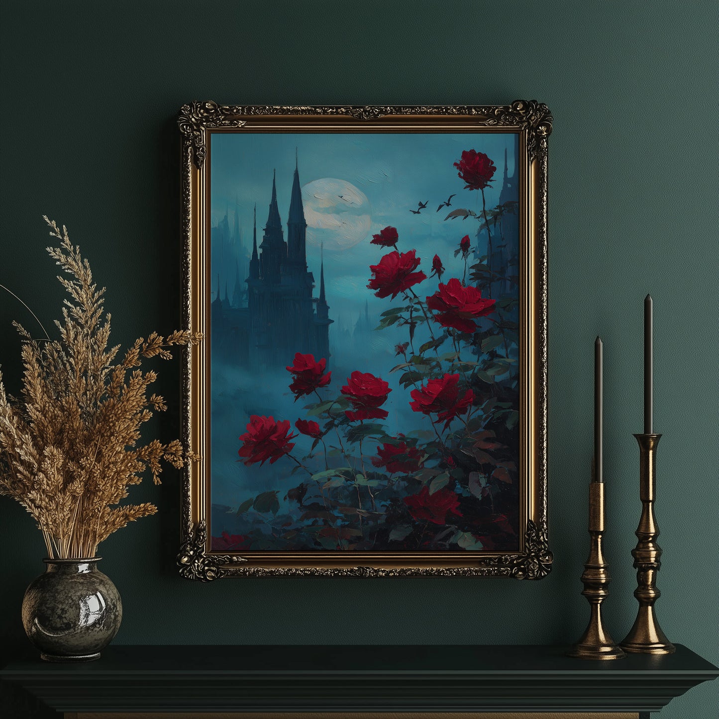 Crimson Blooms Against Ancient Spires