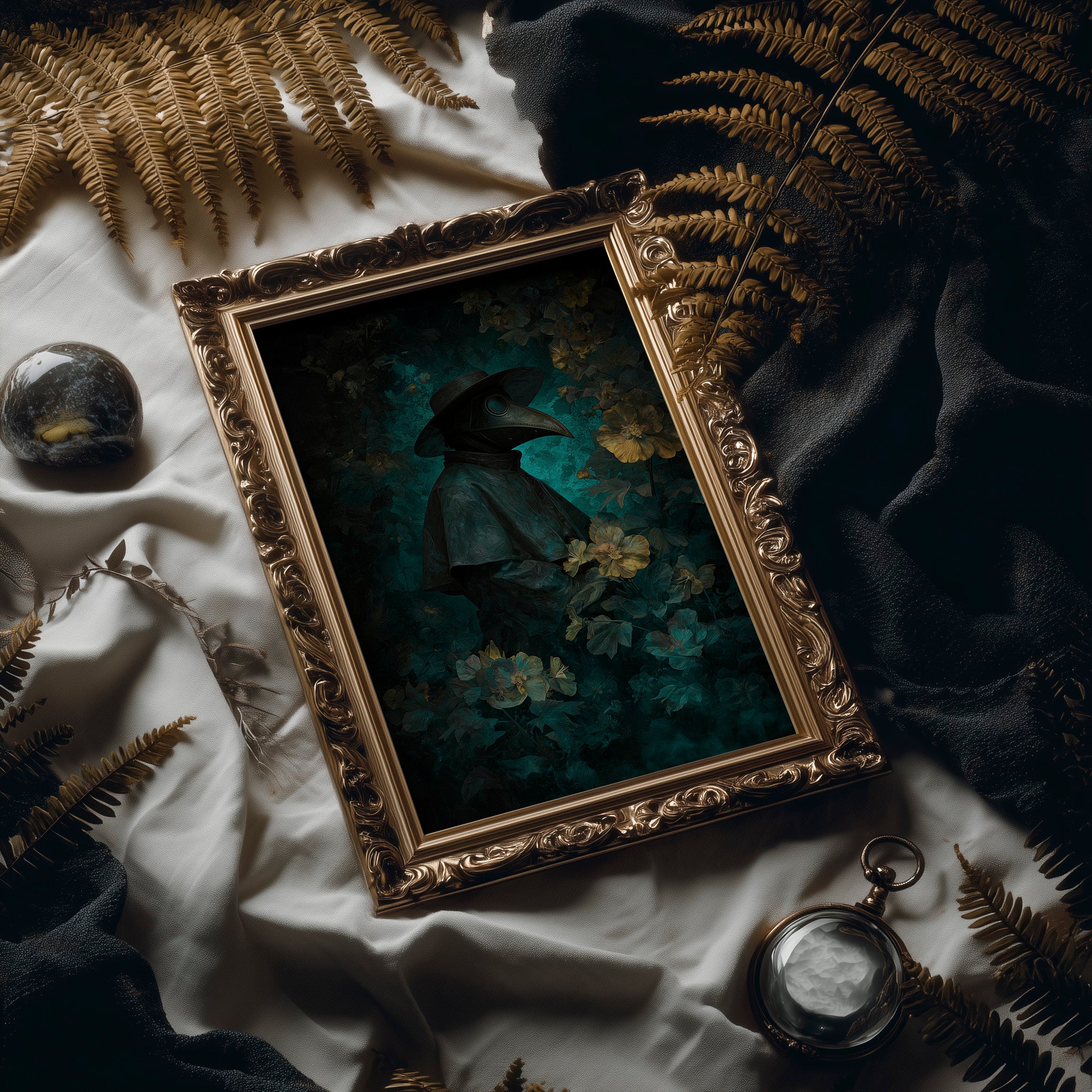Plague Doctor Among Pale Blossoms