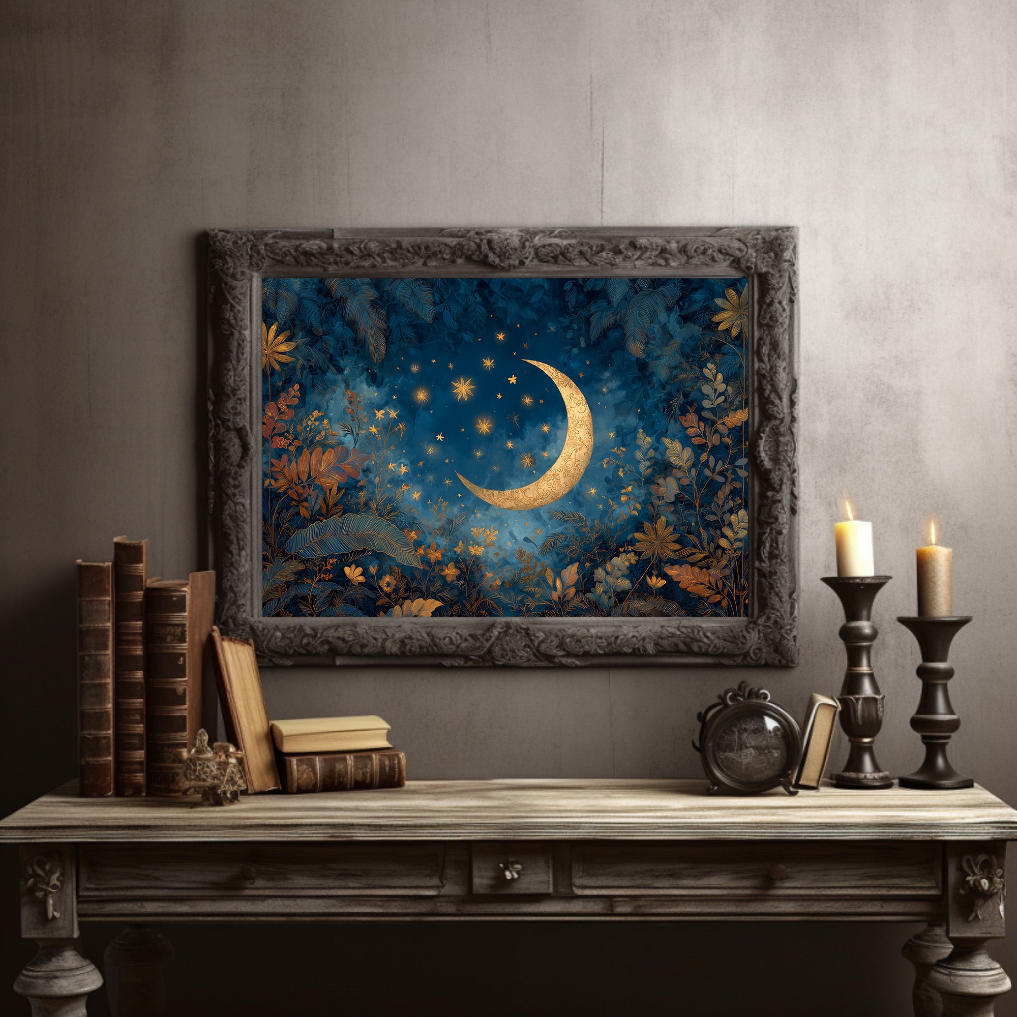 Golden Crescent Among Midnight Blooms