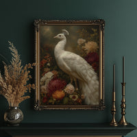 White Peacock Among Blooming Peonies