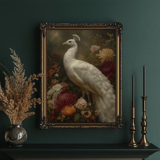 White Peacock Among Blooming Peonies