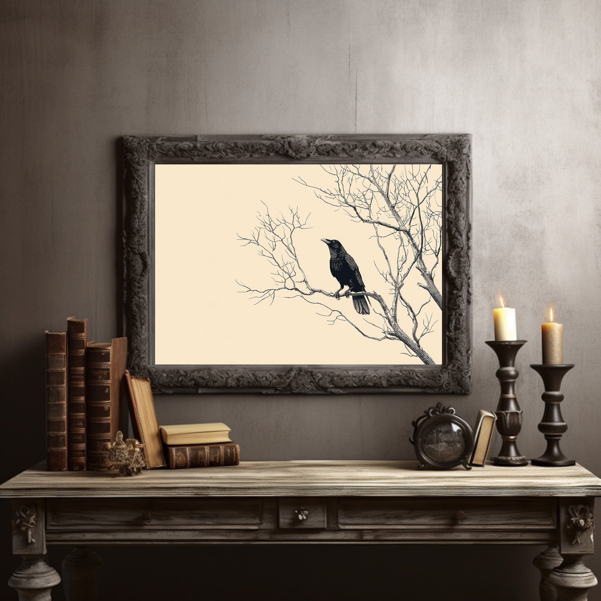 Raven Perches On Winter Branches