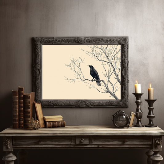 Raven Perches On Winter Branches