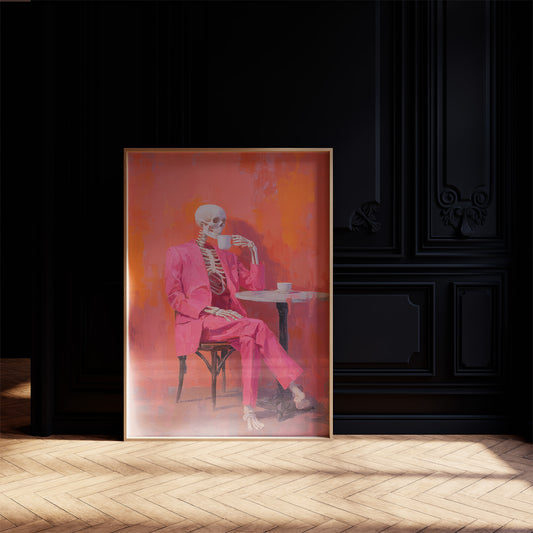 Fuchsia Suit Sips Eternal Coffee