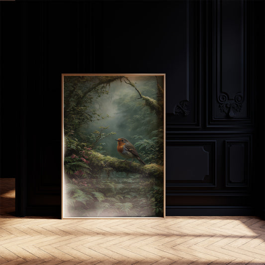 Robin's Perch In Misty Forest