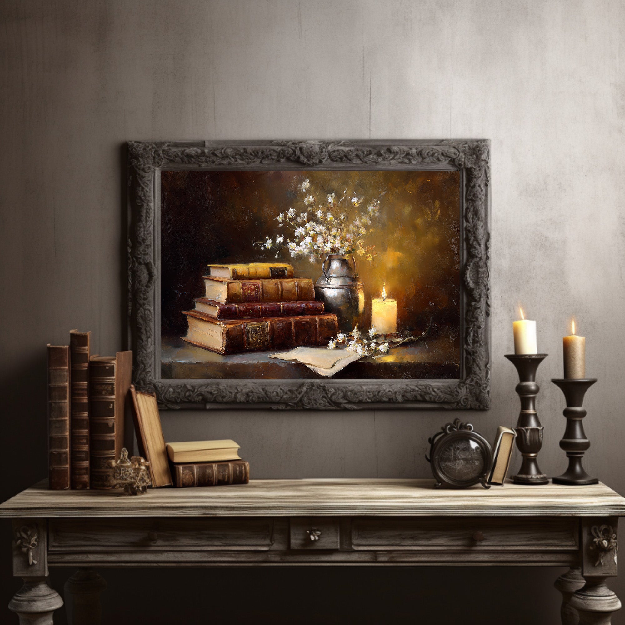 Scholar's Candlelight Among Dusty Tomes