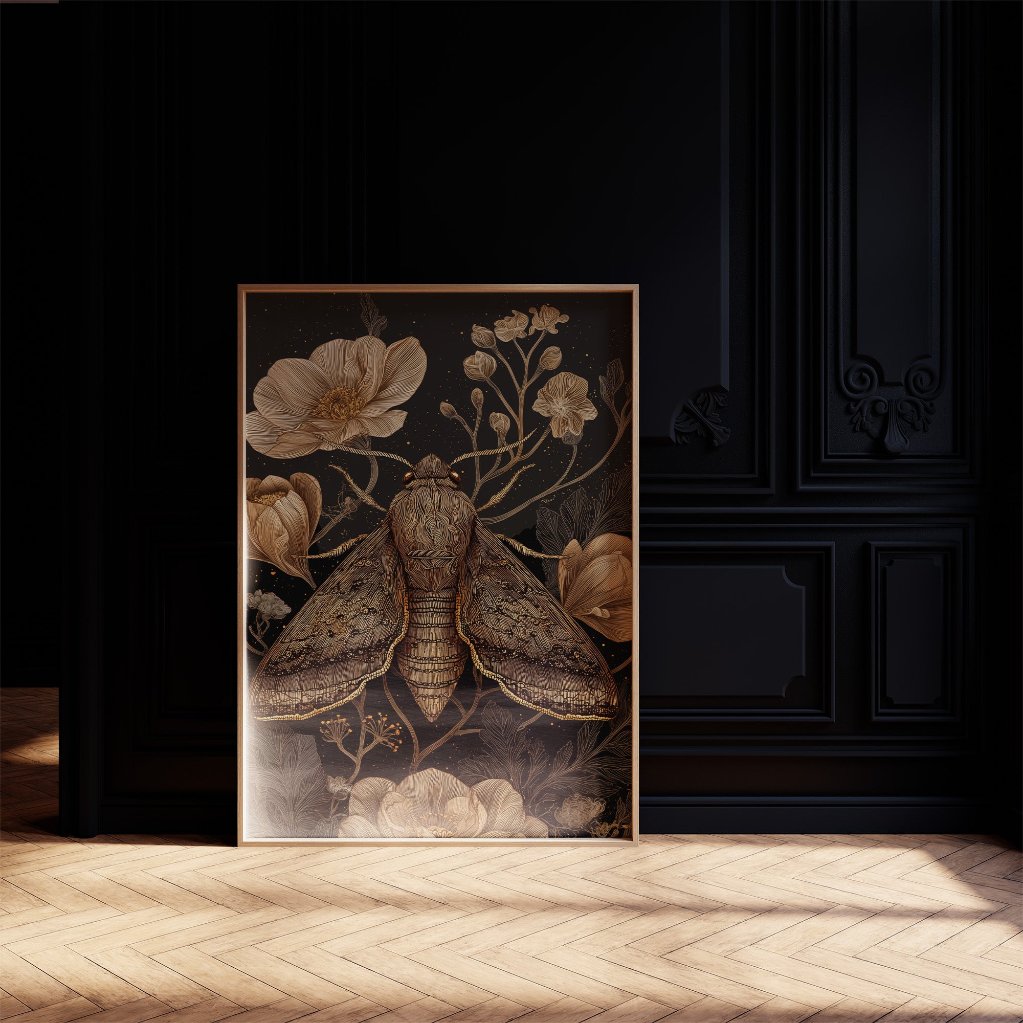 Midnight Moth Among Golden Blooms