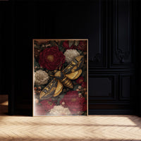 Golden Moth Among Crimson Blooms