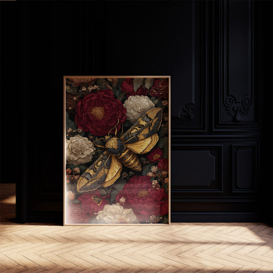 Golden Moth Among Crimson Blooms