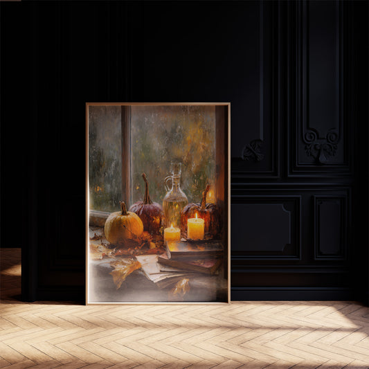Pumpkins Glow By Rainy Window