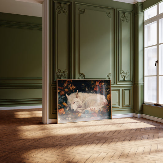 White Wolf Among Autumn Blooms