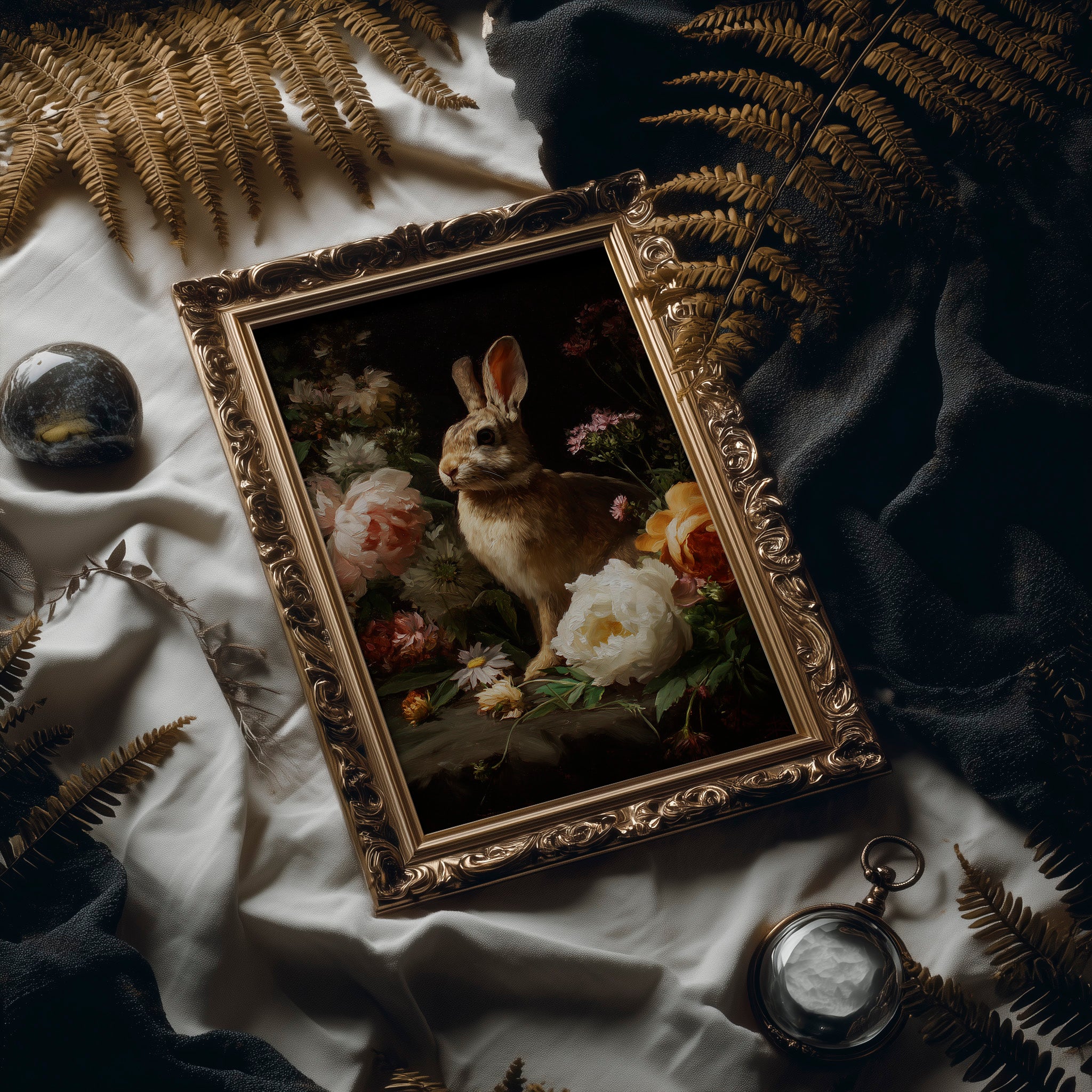 Rabbit Among Blooming Peonies