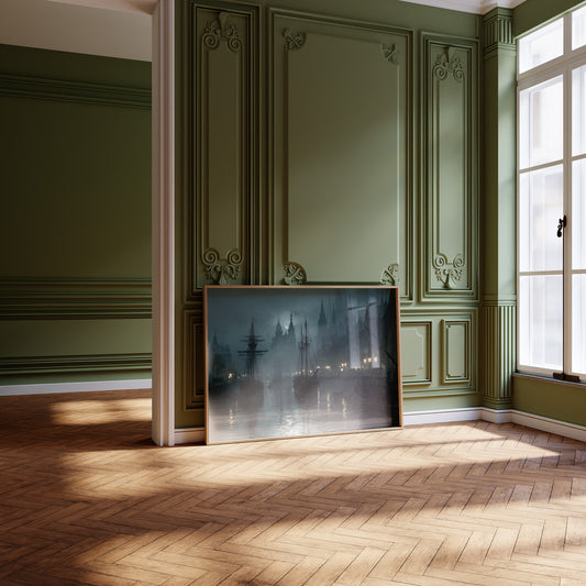 Harbor Lights Beyond Foggy Spires