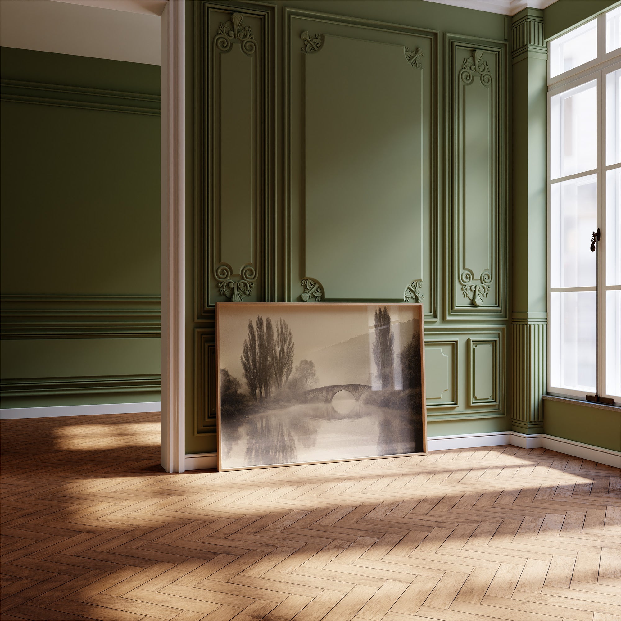 Foggy Bridge Among Tall Poplars