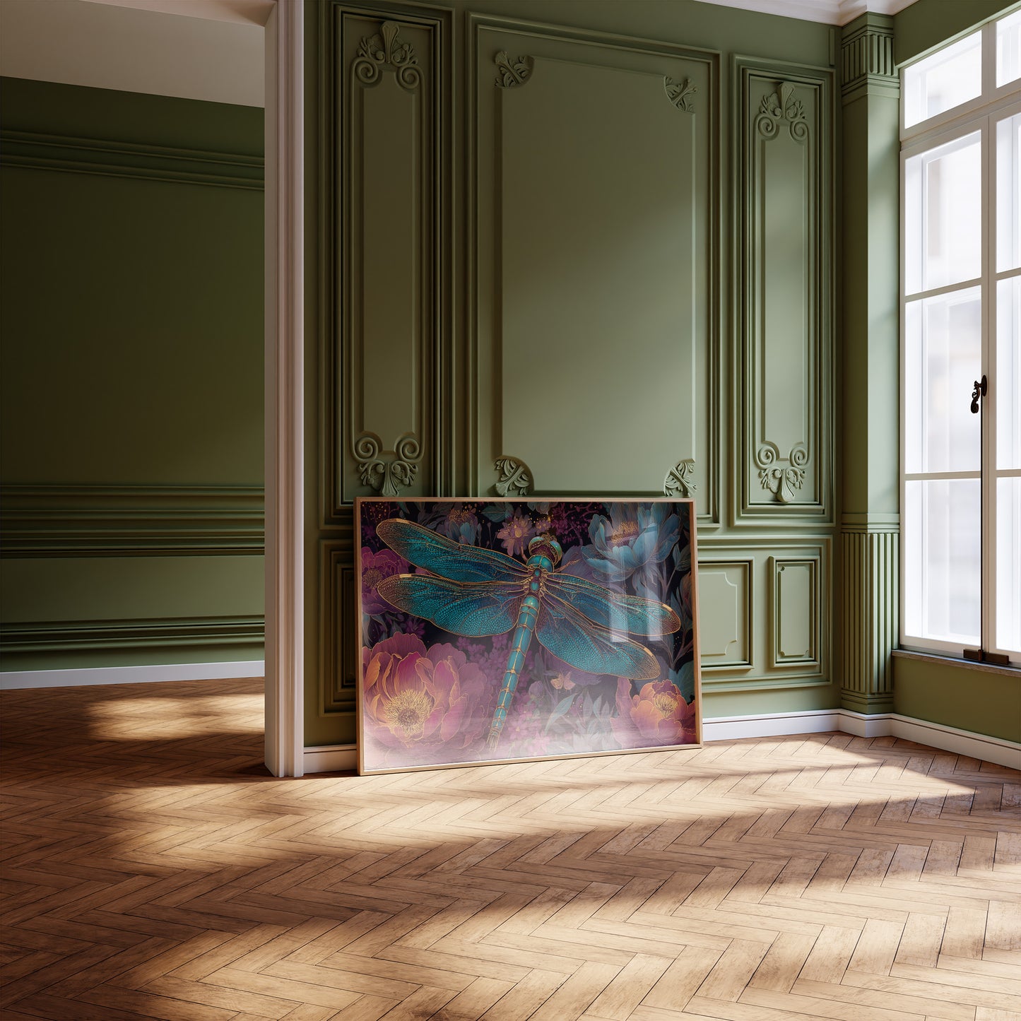 Iridescent Wings Among Midnight Blooms