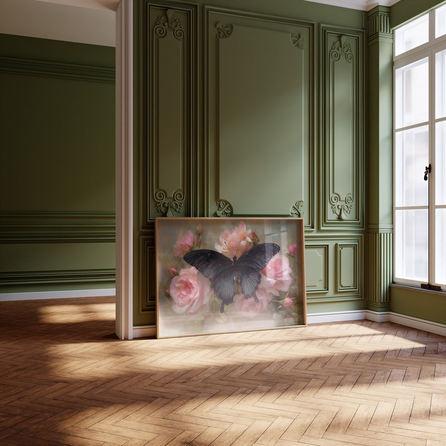 Dark Wings Among Blush Roses