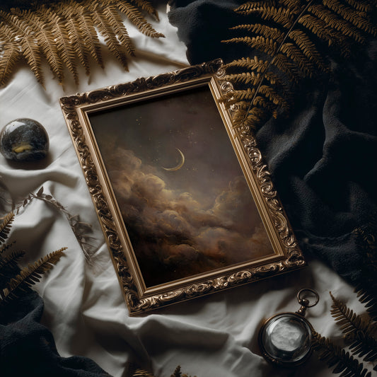 Crescent Floats Through Amber Clouds