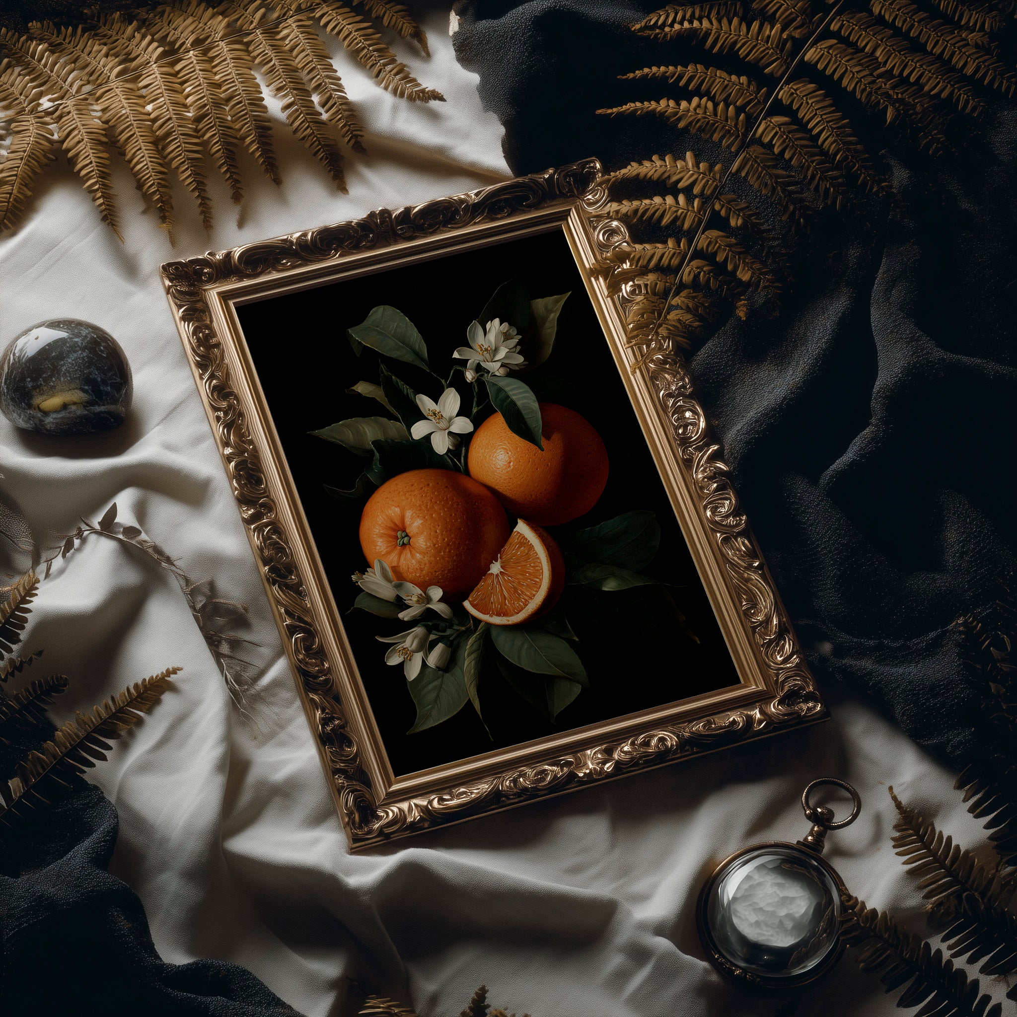 Citrus Blooms Against Midnight Velvet