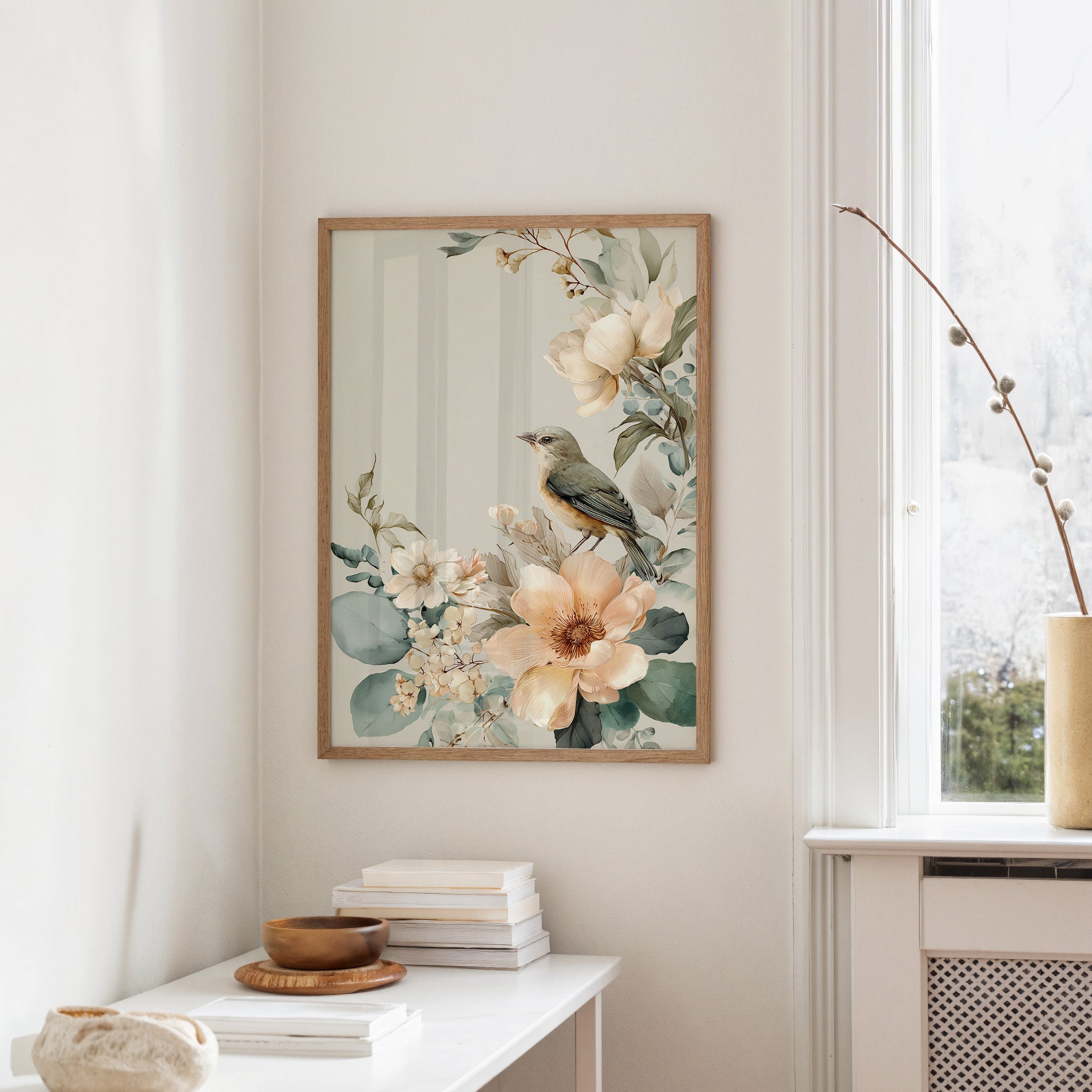 Songbird Perched Among Delicate Blooms