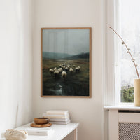 Flock Wanders Through Misty Moors