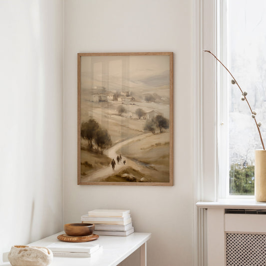 Travelers On Misty Village Path