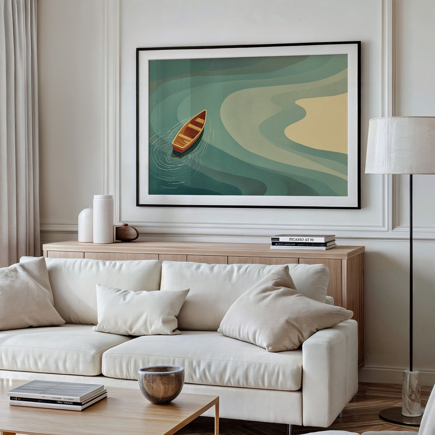 Solitary Vessel Approaches Golden Shore