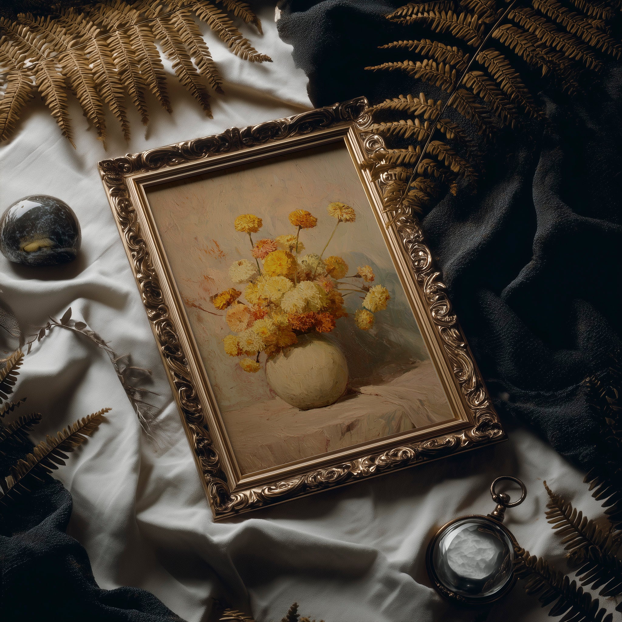 Sunlit Chrysanthemums in Cream Pottery