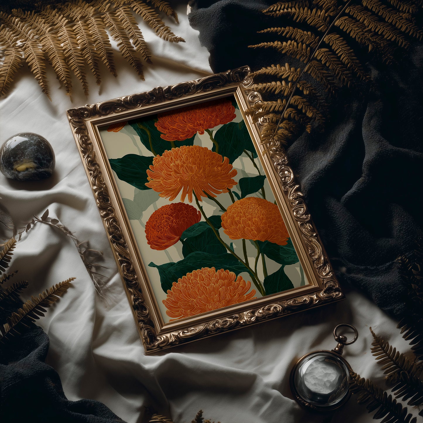 Orange Chrysanthemums Hold the Light