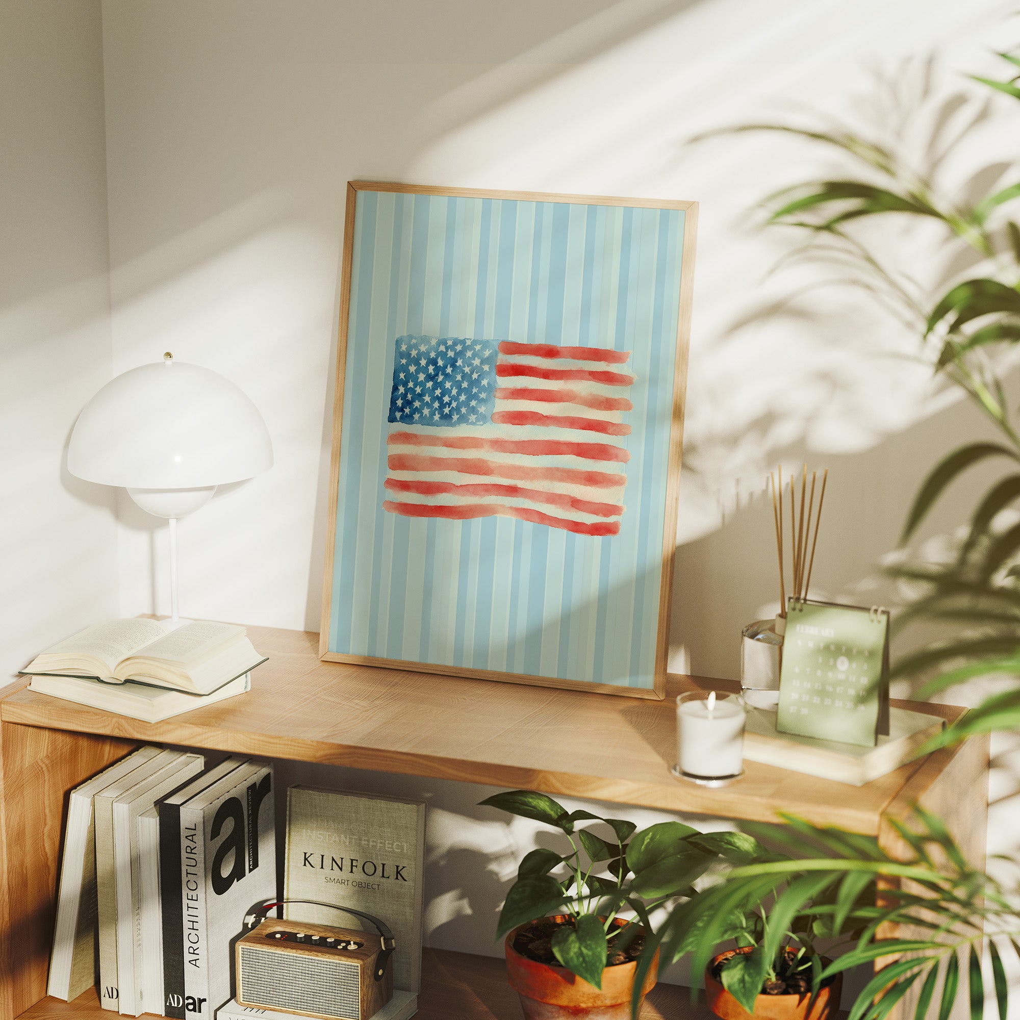 Watercolor Patriotism on Striped Blue