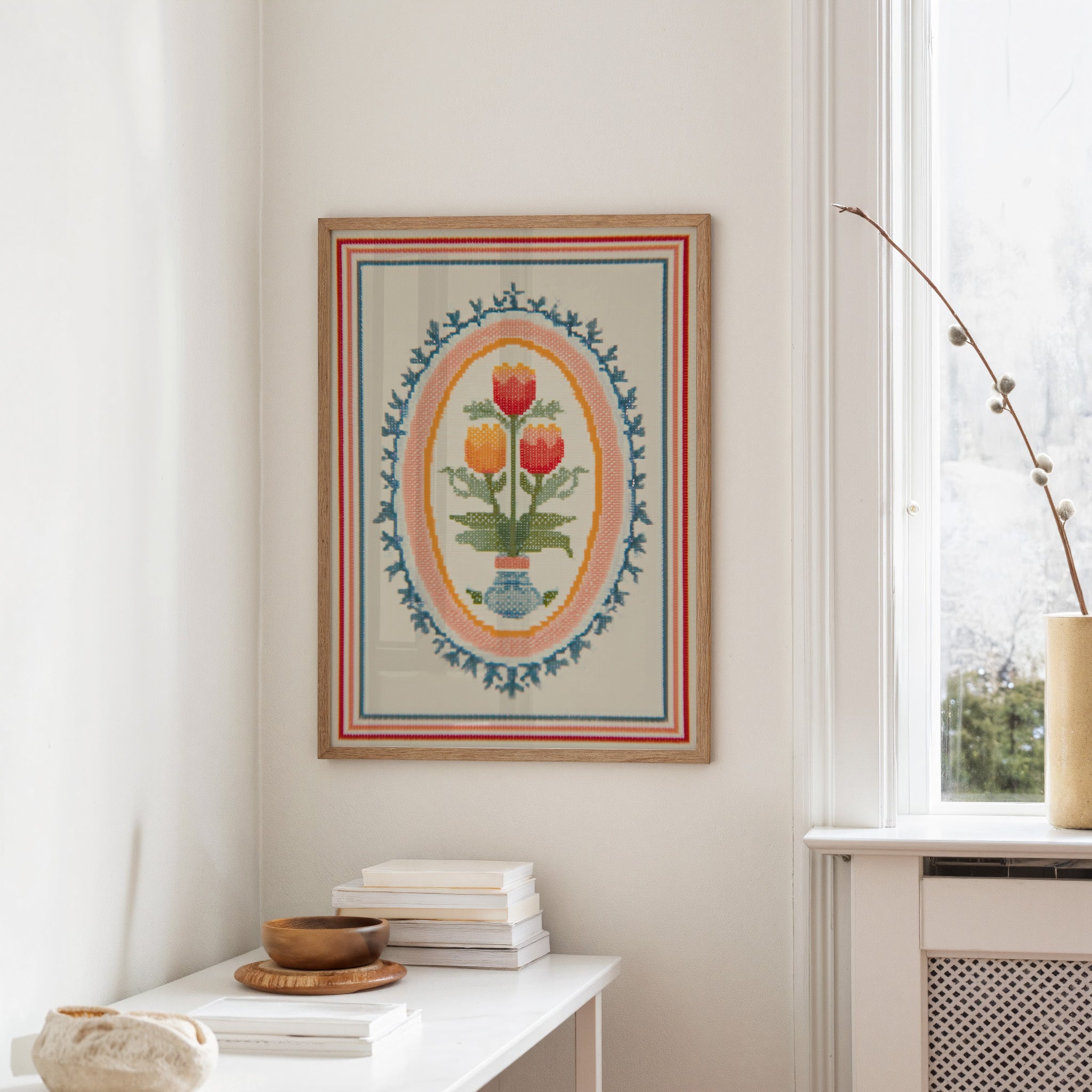 Tulip Trio in Cross-Stitch Medallion