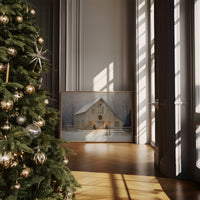 Snowfall Dreams Against Rustic Warmth