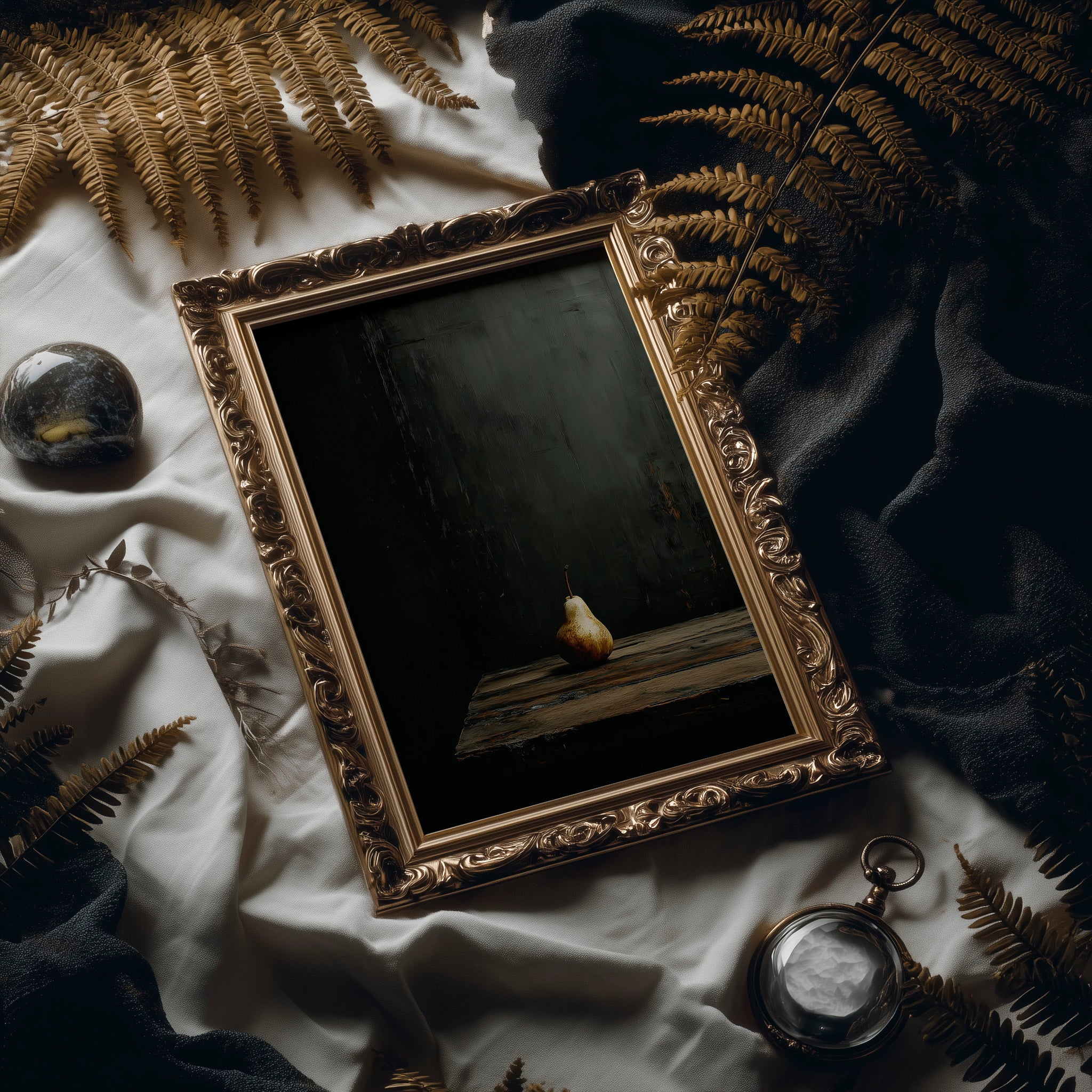 Solitary Pear in Emerald Darkness
