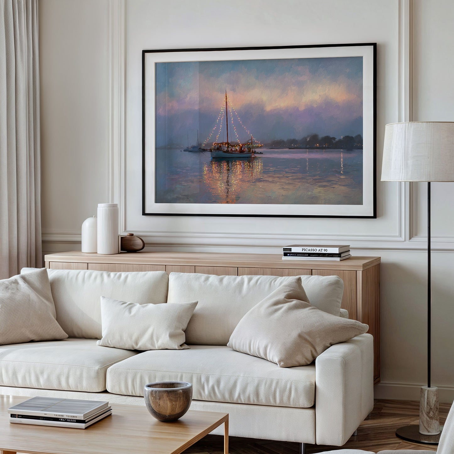 Harbor Lights Glow Against Dusk