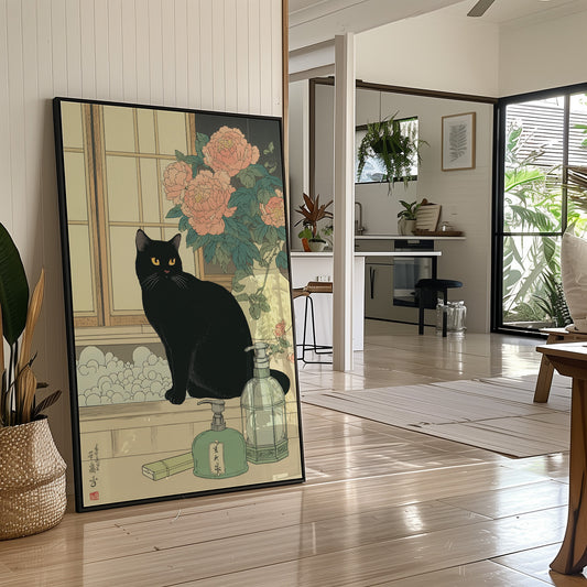 Black Cat Guards Peony Garden