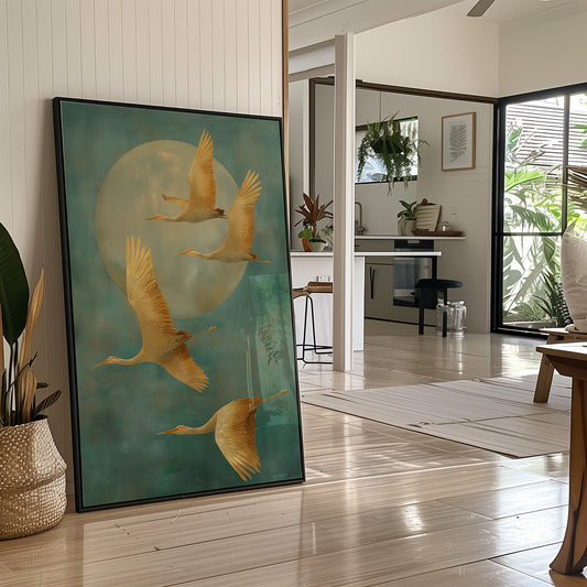 Golden Cranes Dance Through Mist