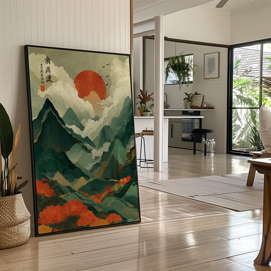 Red Sun Rises Over Misty Peaks