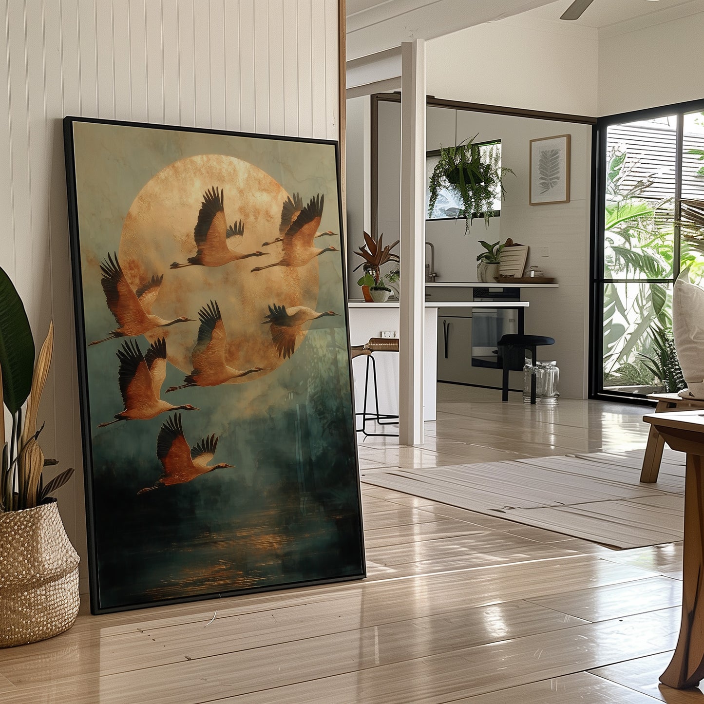 Moonlit Migration Over Misty Waters