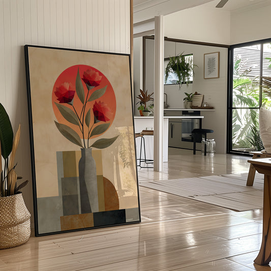 Red Blooms Against City Shapes