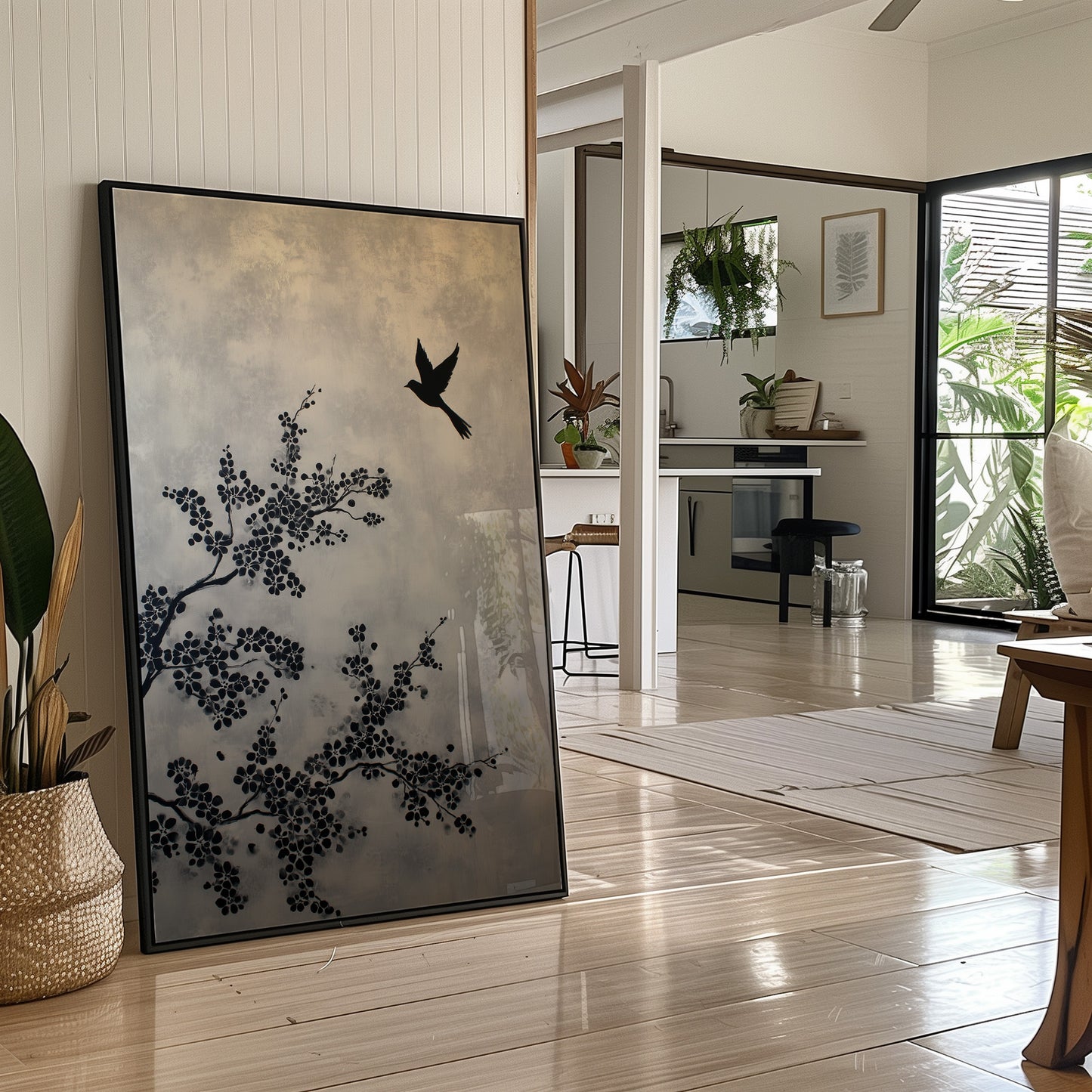 Bird Takes Flight Through Cherry Blooms