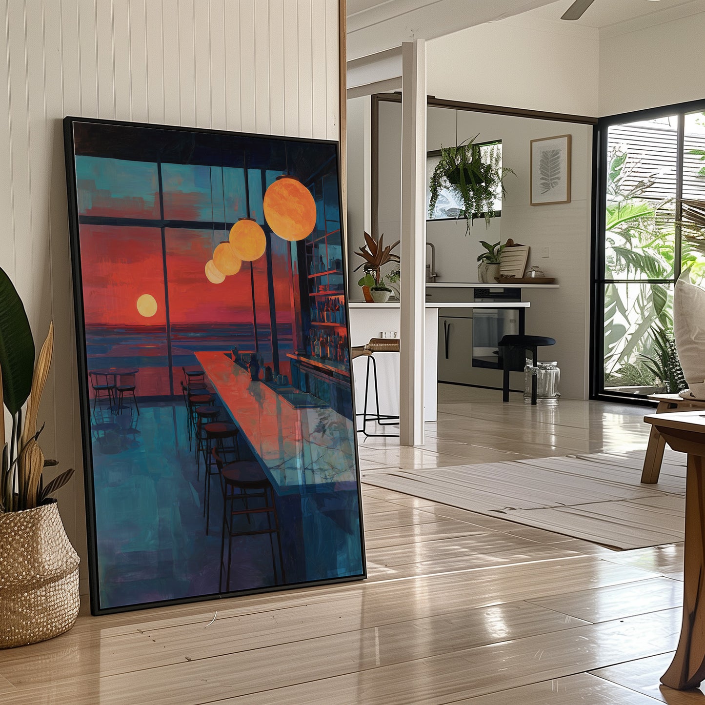 Lanterns Float Above Empty Barstools