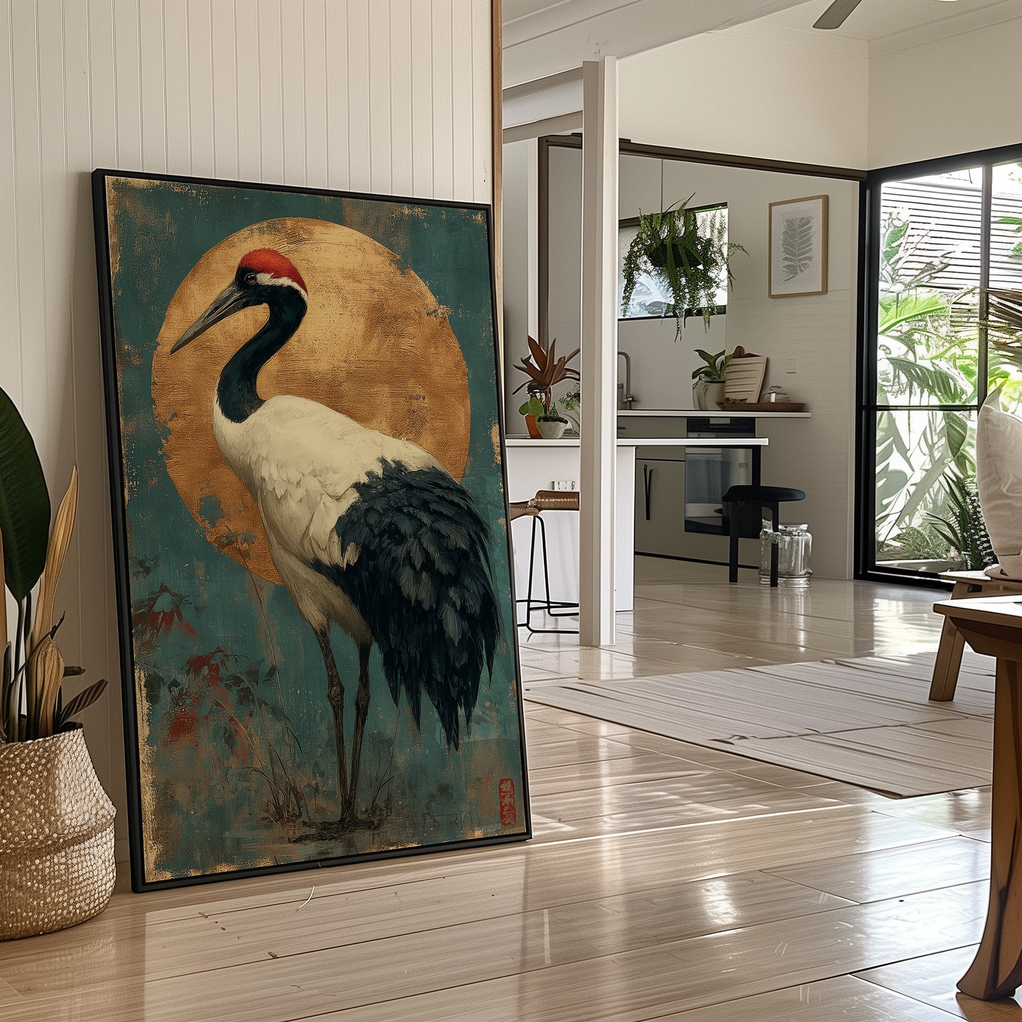 Noble Crane Against Golden Moon