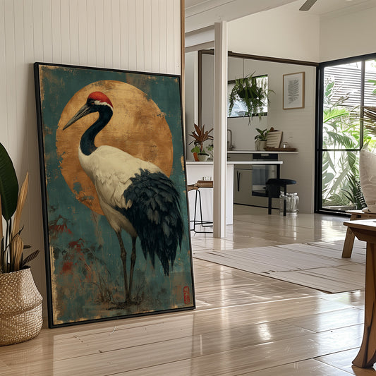 Noble Crane Against Golden Moon