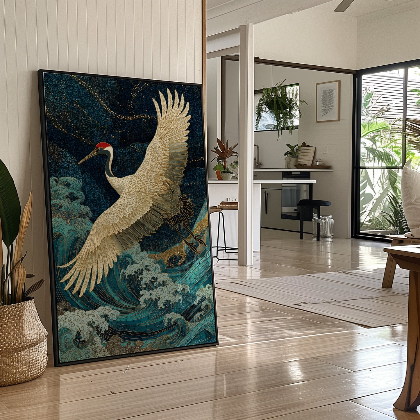 Crane Soars Through Starlit Waves